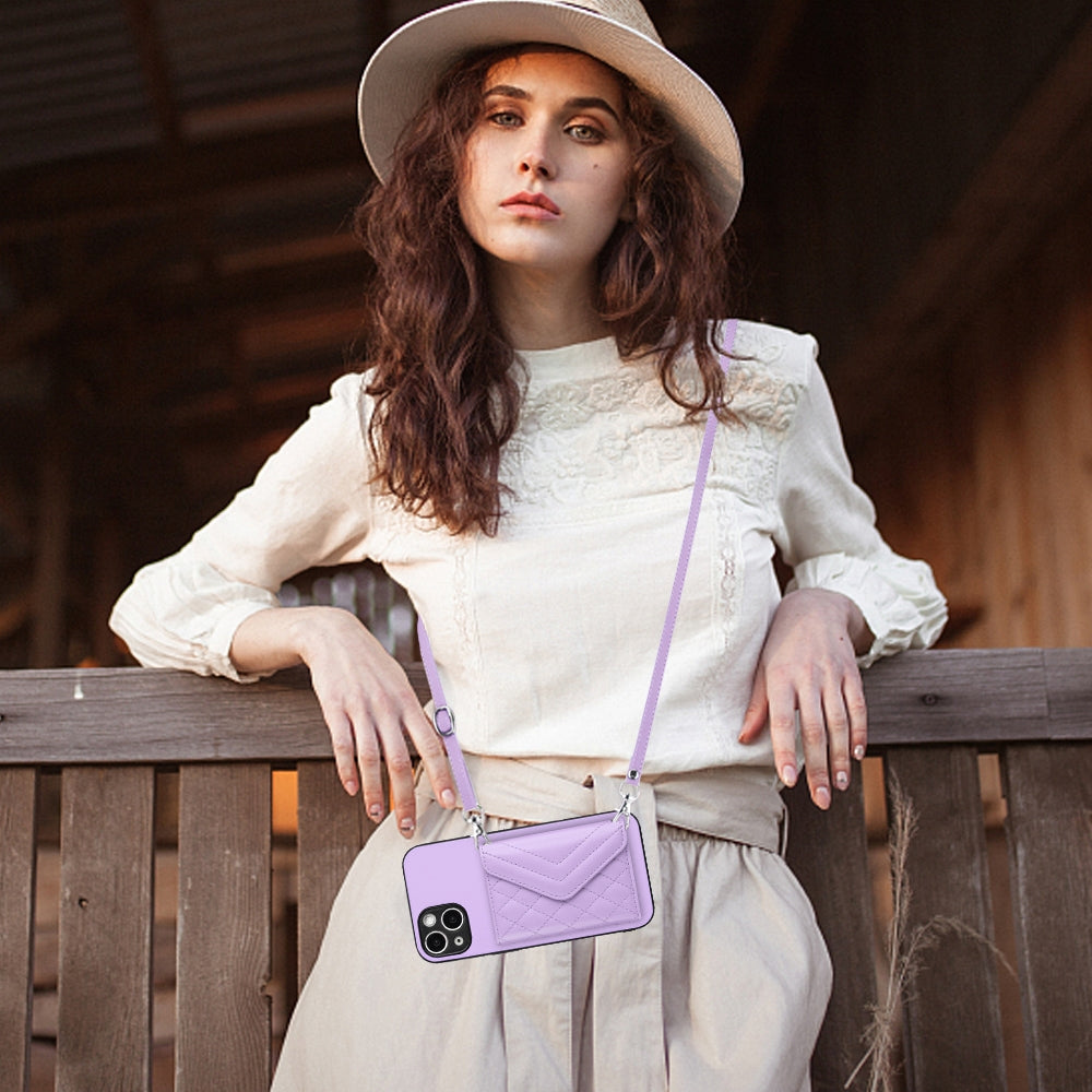 ELECTROPRIME For iPhone 15 Rhombic Texture Card Bag RFID Phone Case with Long Lanyard(Light Purple)
