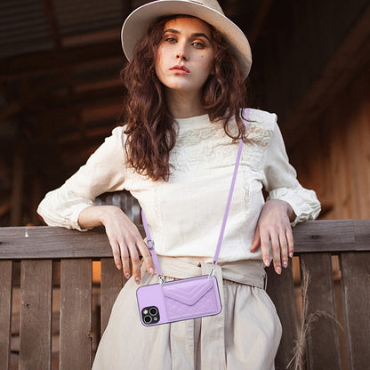 ELECTROPRIME For iPhone 15 Rhombic Texture Card Bag RFID Phone Case with Long Lanyard(Light Purple)