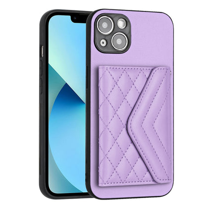 ELECTROPRIME For iPhone 15 Rhombic Texture Card Bag RFID Phone Case with Long Lanyard(Light Purple)
