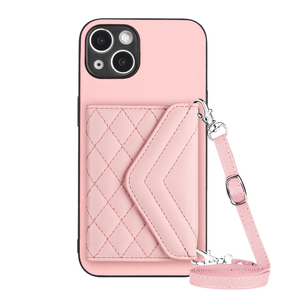 ELECTROPRIME For iPhone 15 Rhombic Texture Card Bag RFID Phone Case with Long Lanyard(Rose Gold)