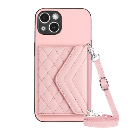 ELECTROPRIME For iPhone 15 Rhombic Texture Card Bag RFID Phone Case with Long Lanyard(Rose Gold)