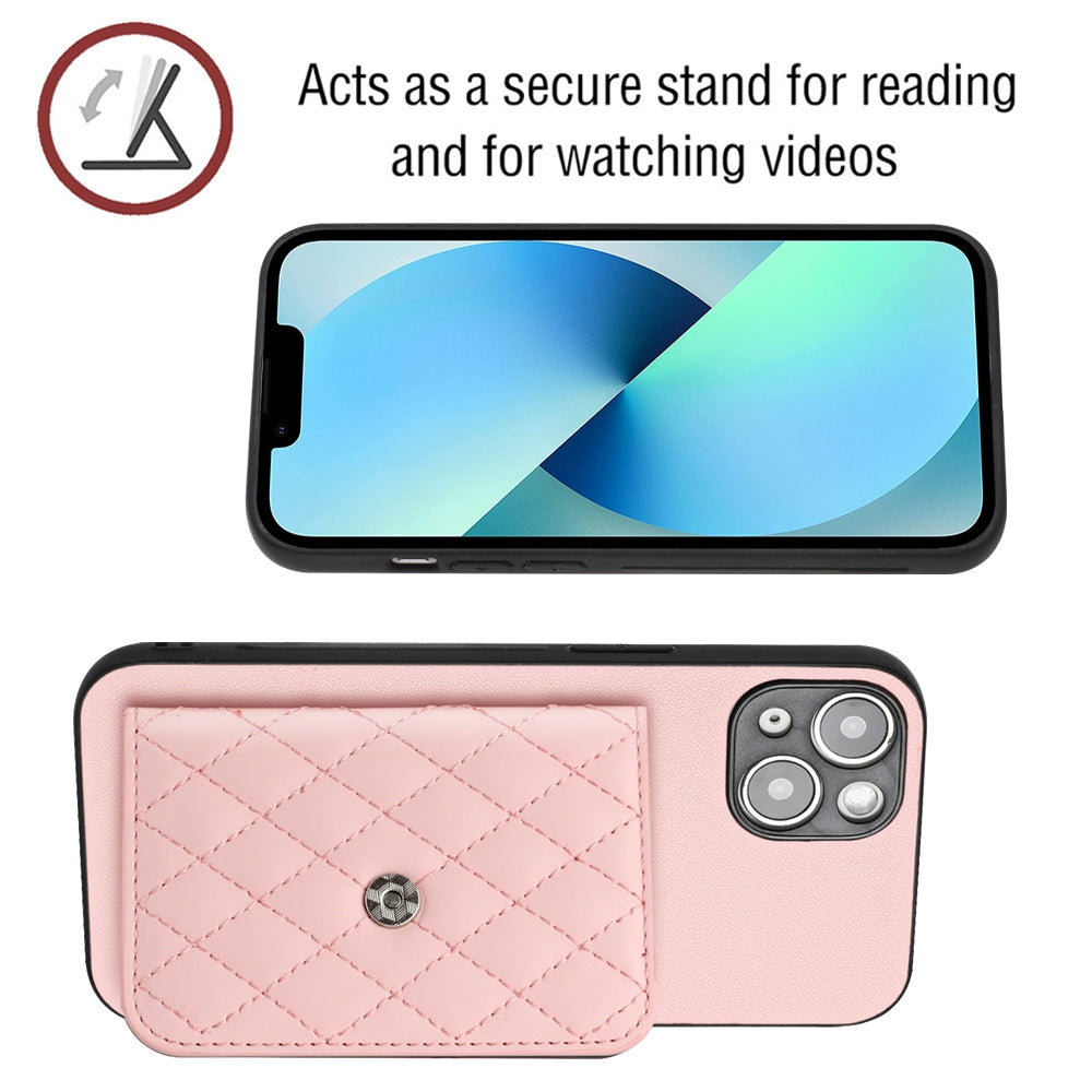 ELECTROPRIME For iPhone 15 Rhombic Texture Card Bag RFID Phone Case with Long Lanyard(Rose Gold)