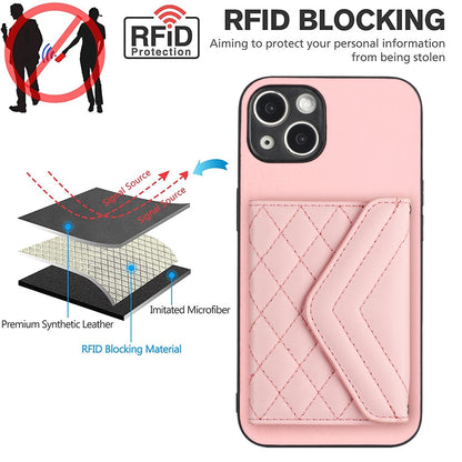 ELECTROPRIME For iPhone 15 Rhombic Texture Card Bag RFID Phone Case with Long Lanyard(Rose Gold)