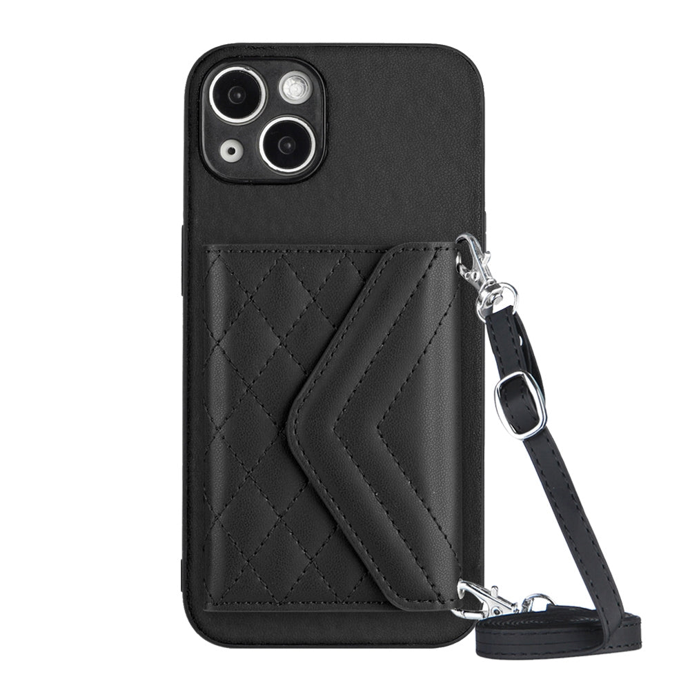 ELECTROPRIME For iPhone 15 Rhombic Texture Card Bag RFID Phone Case with Long Lanyard(Black)