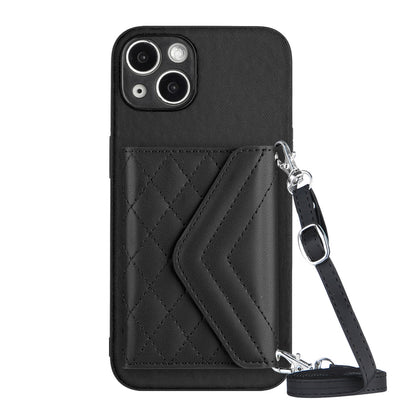 ELECTROPRIME For iPhone 15 Rhombic Texture Card Bag RFID Phone Case with Long Lanyard(Black)