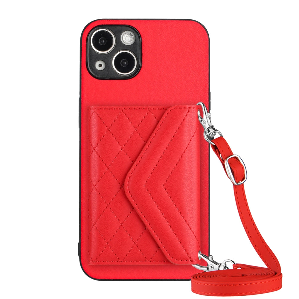 ELECTROPRIME For iPhone 15 Plus Rhombic Texture Card Bag RFID Phone Case with Long Lanyard(Red)