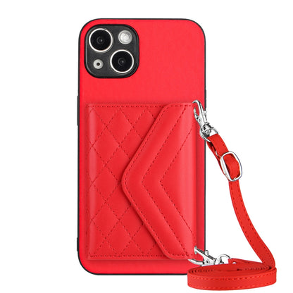 ELECTROPRIME For iPhone 15 Plus Rhombic Texture Card Bag RFID Phone Case with Long Lanyard(Red)