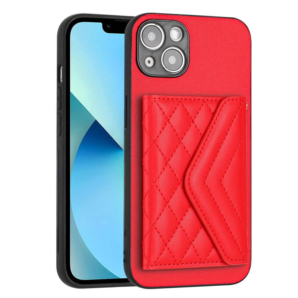 ELECTROPRIME For iPhone 15 Plus Rhombic Texture Card Bag RFID Phone Case with Long Lanyard(Red)
