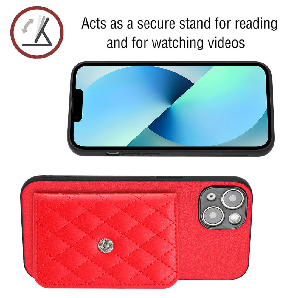 ELECTROPRIME For iPhone 15 Plus Rhombic Texture Card Bag RFID Phone Case with Long Lanyard(Red)