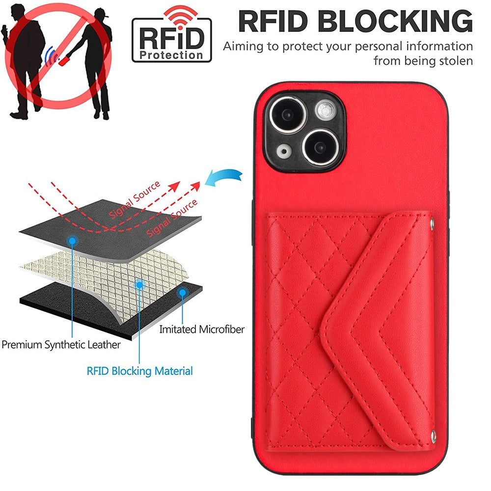ELECTROPRIME For iPhone 15 Plus Rhombic Texture Card Bag RFID Phone Case with Long Lanyard(Red)