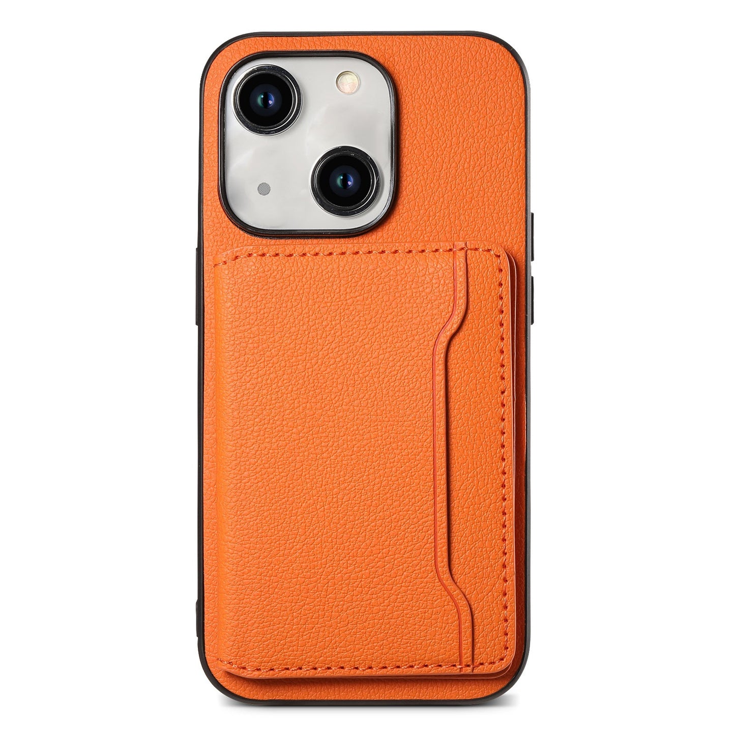 ELECTROPRIME For iPhone 15 Calf Texture Card Bag Design Full Coverage Phone Case(Orange)