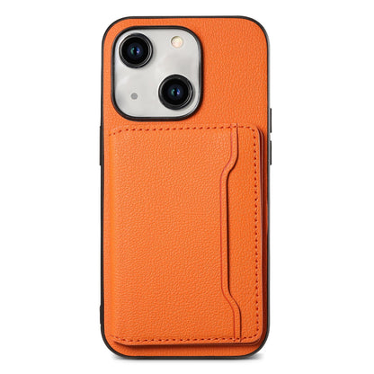 ELECTROPRIME For iPhone 15 Calf Texture Card Bag Design Full Coverage Phone Case(Orange)