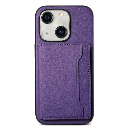 ELECTROPRIME For iPhone 15 Calf Texture Card Bag Design Full Coverage Phone Case(Purple)