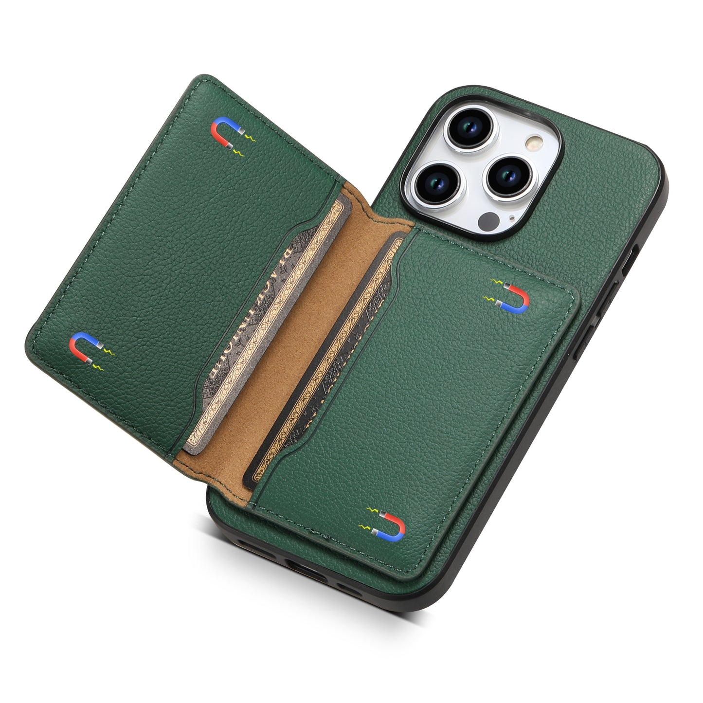 ELECTROPRIME For iPhone 15 Calf Texture Card Bag Design Full Coverage Phone Case(Green)