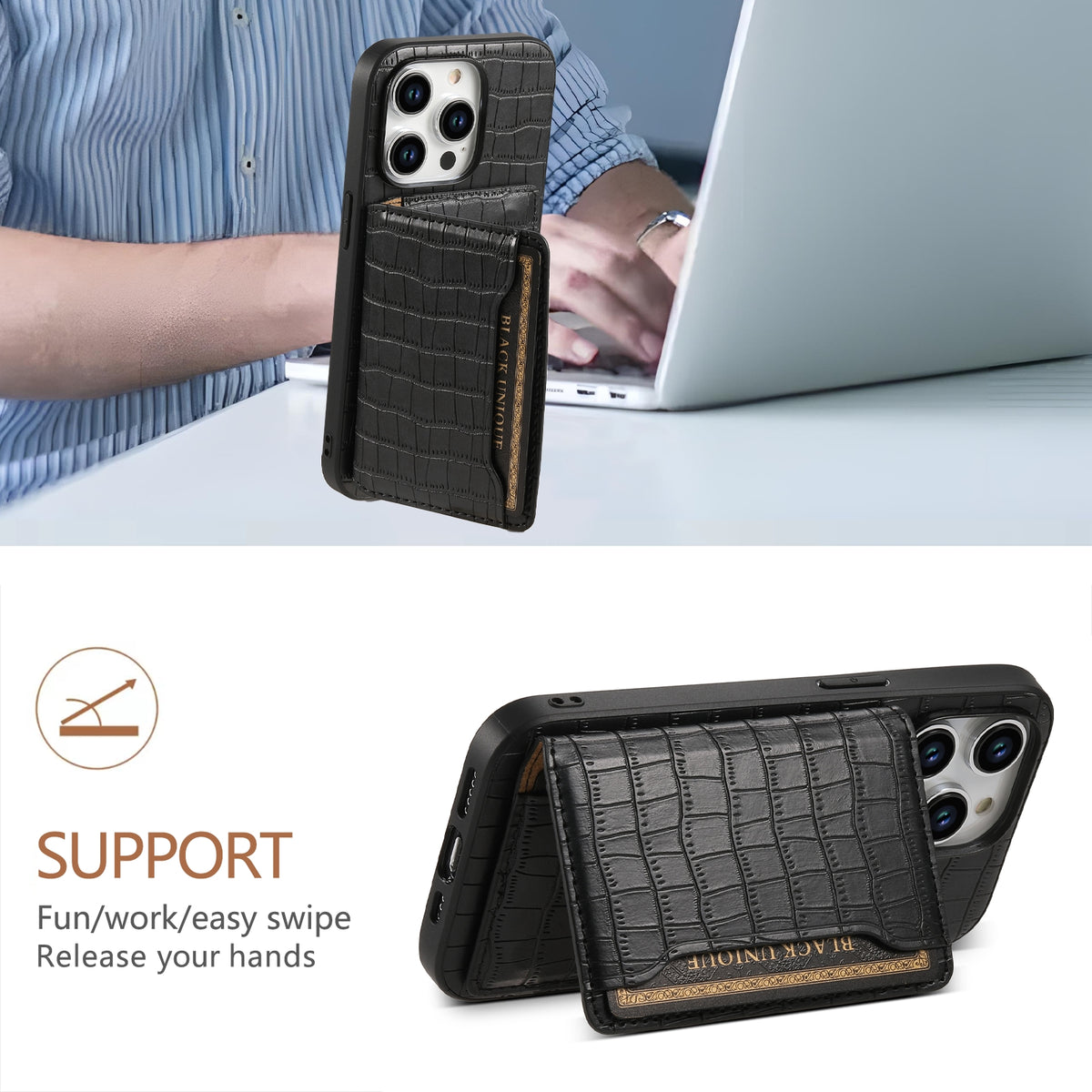ELECTROPRIME For iPhone 15 Plus Crocodile Texture Card Bag Design Full Coverage Phone Case(Brown)