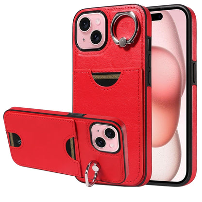 ELECTROPRIME For iPhone 15 Calf Texture Card Slot Ring Holder Phone Case(Red)