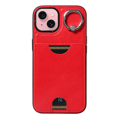 ELECTROPRIME For iPhone 15 Calf Texture Card Slot Ring Holder Phone Case(Red)