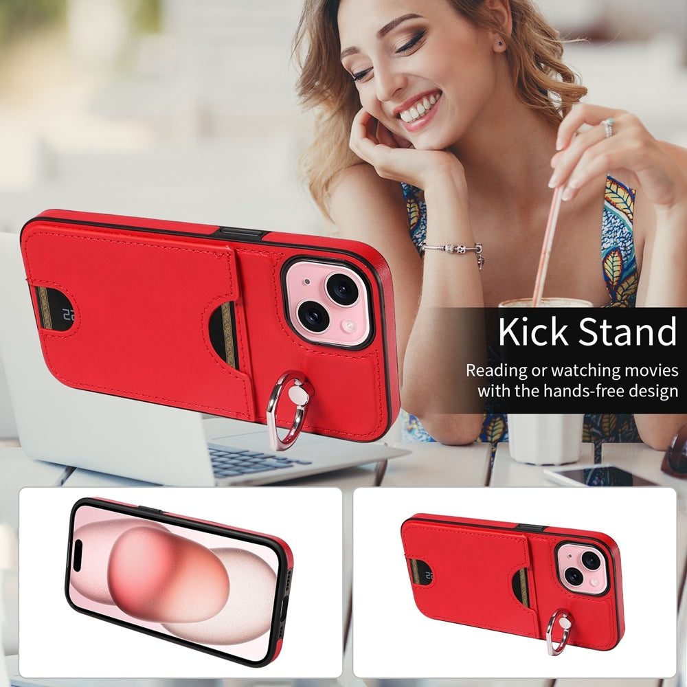 ELECTROPRIME For iPhone 15 Calf Texture Card Slot Ring Holder Phone Case(Red)