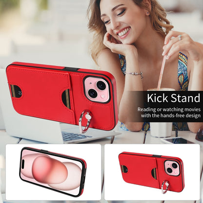 ELECTROPRIME For iPhone 15 Calf Texture Card Slot Ring Holder Phone Case(Red)