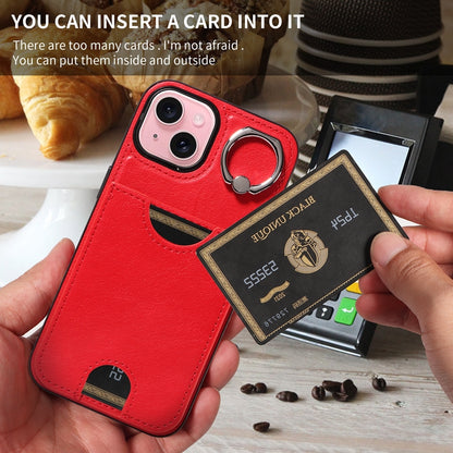 ELECTROPRIME For iPhone 15 Calf Texture Card Slot Ring Holder Phone Case(Red)
