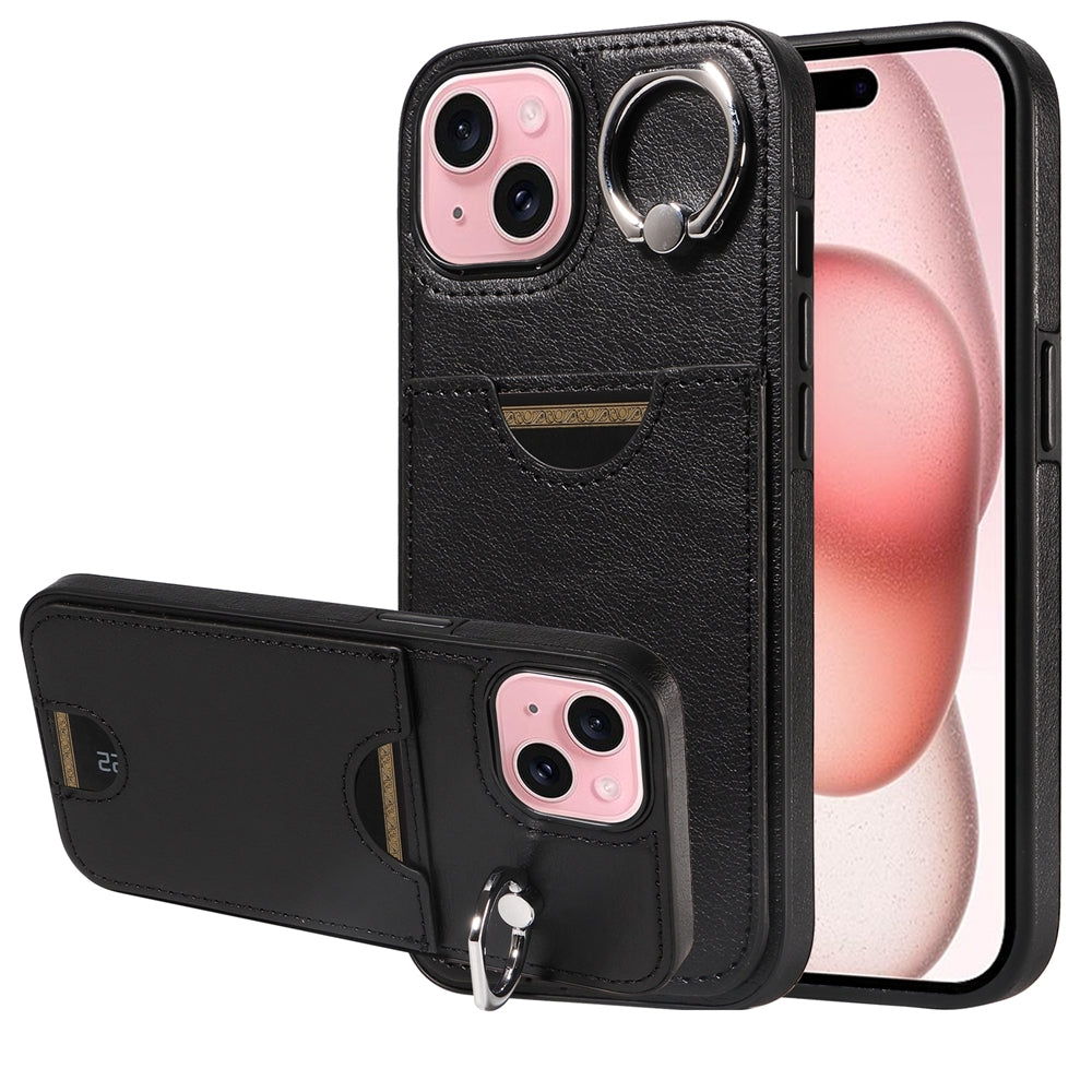 ELECTROPRIME For iPhone 15 Calf Texture Card Slot Ring Holder Phone Case(Black)