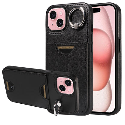 ELECTROPRIME For iPhone 15 Calf Texture Card Slot Ring Holder Phone Case(Black)