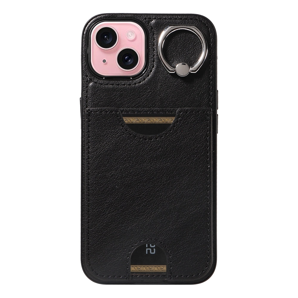 ELECTROPRIME For iPhone 15 Calf Texture Card Slot Ring Holder Phone Case(Black)