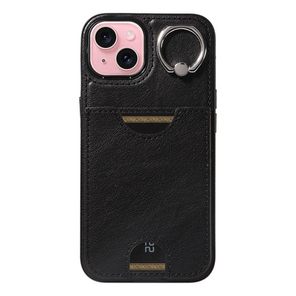 ELECTROPRIME For iPhone 15 Calf Texture Card Slot Ring Holder Phone Case(Black)