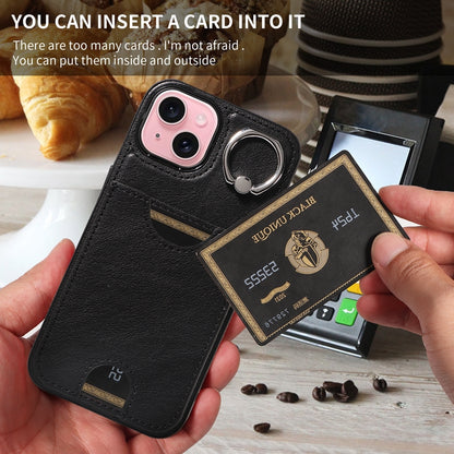 ELECTROPRIME For iPhone 15 Calf Texture Card Slot Ring Holder Phone Case(Black)