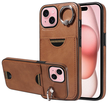 ELECTROPRIME For iPhone 15 Calf Texture Card Slot Ring Holder Phone Case(Brown)