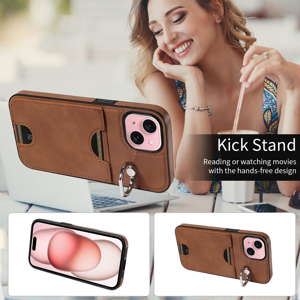 ELECTROPRIME For iPhone 15 Calf Texture Card Slot Ring Holder Phone Case(Brown)