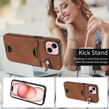 ELECTROPRIME For iPhone 15 Calf Texture Card Slot Ring Holder Phone Case(Brown)