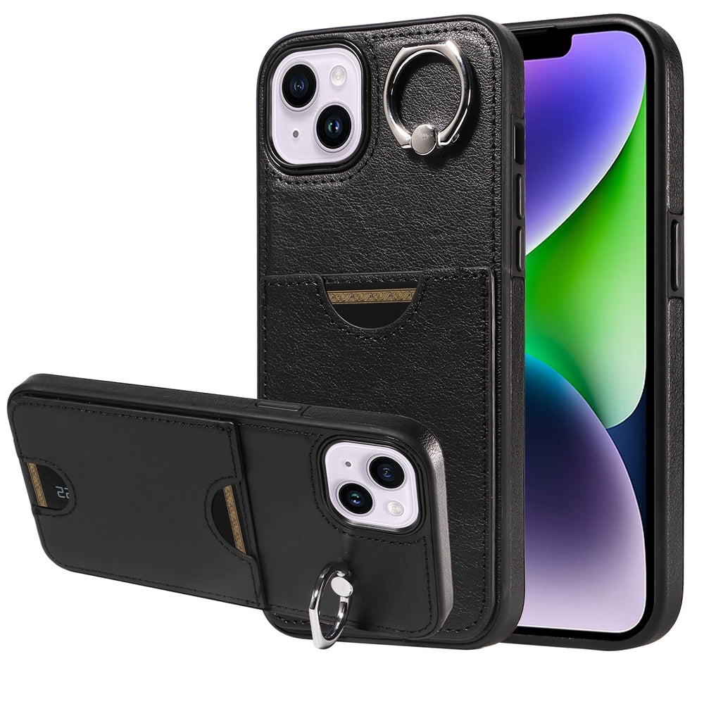 ELECTROPRIME For iPhone 15 Plus Calf Texture Card Slot Ring Holder Phone Case(Black)