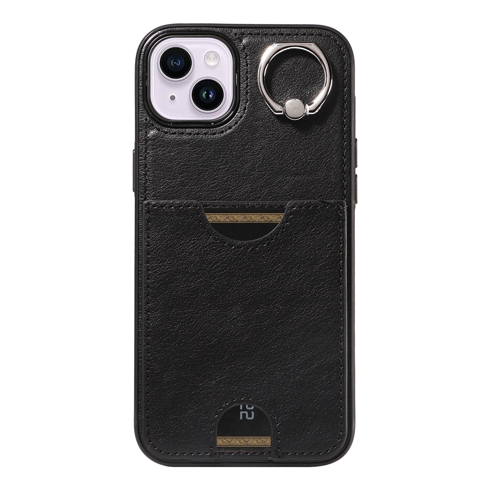 ELECTROPRIME For iPhone 15 Plus Calf Texture Card Slot Ring Holder Phone Case(Black)