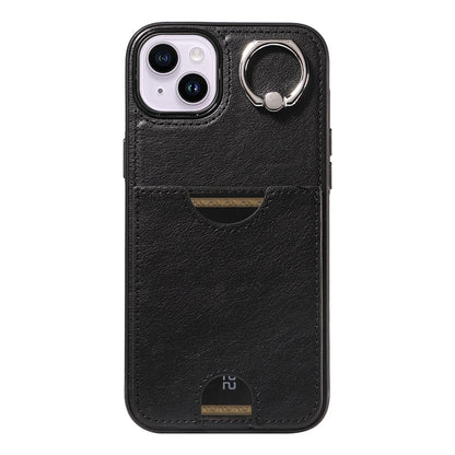 ELECTROPRIME For iPhone 15 Plus Calf Texture Card Slot Ring Holder Phone Case(Black)