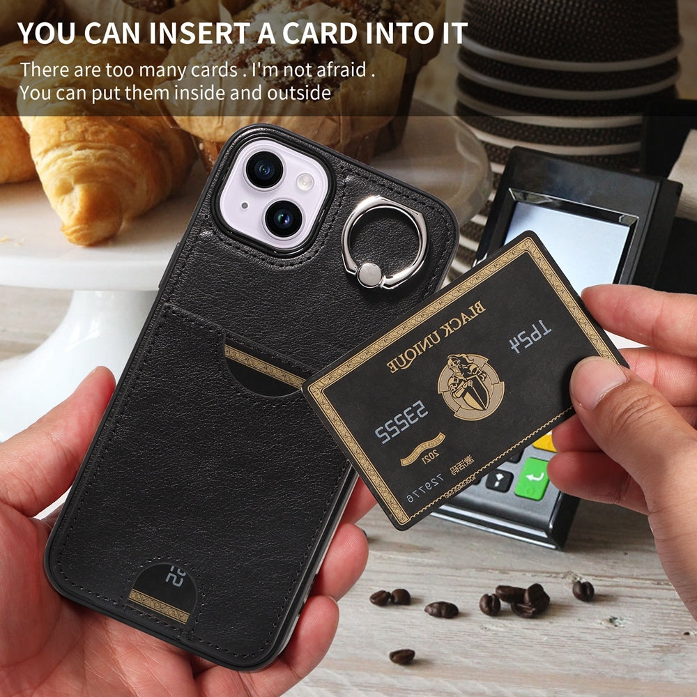 ELECTROPRIME For iPhone 15 Plus Calf Texture Card Slot Ring Holder Phone Case(Black)