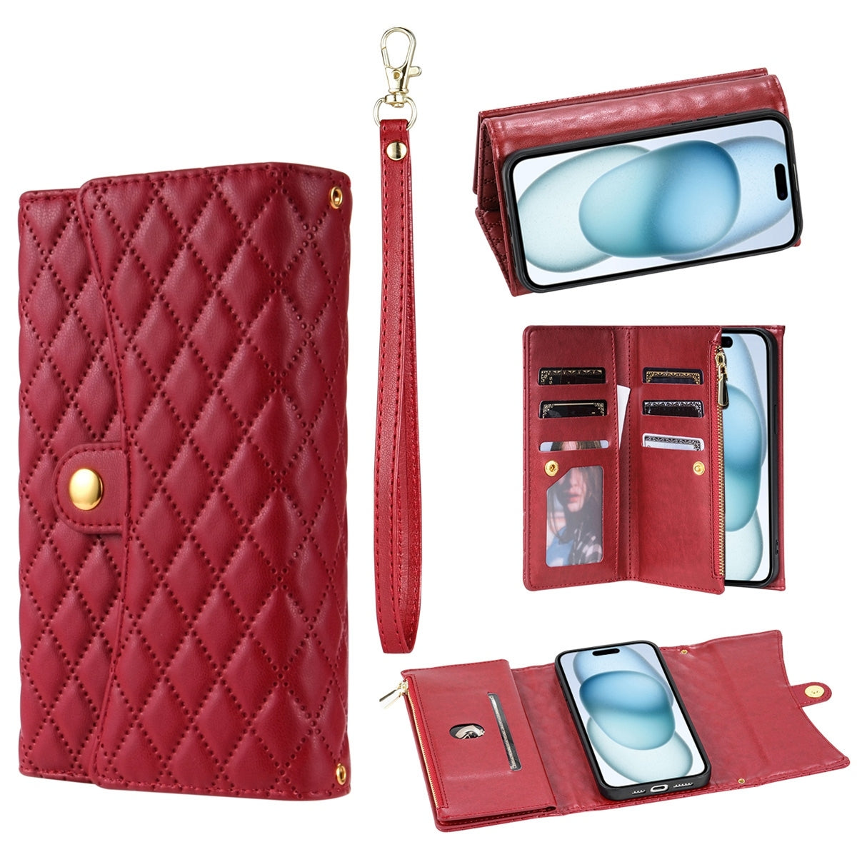 ELECTROPRIME For iPhone 15 Plus Zipper Multi-Card Wallet Rhombic Leather Phone Case(Red)