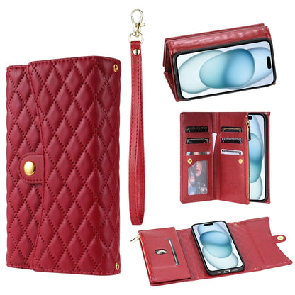 ELECTROPRIME For iPhone 15 Plus Zipper Multi-Card Wallet Rhombic Leather Phone Case(Red)