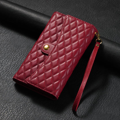 ELECTROPRIME For iPhone 15 Plus Zipper Multi-Card Wallet Rhombic Leather Phone Case(Red)