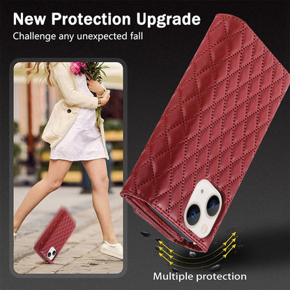 ELECTROPRIME For iPhone 15 Plus Zipper Multi-Card Wallet Rhombic Leather Phone Case(Red)