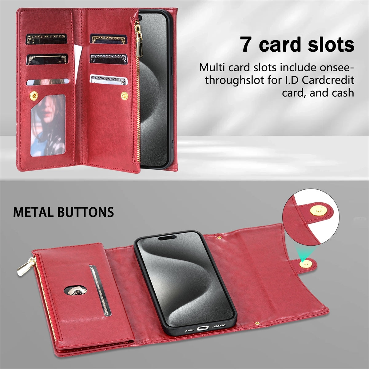 ELECTROPRIME For iPhone 15 Plus Zipper Multi-Card Wallet Rhombic Leather Phone Case(Red)