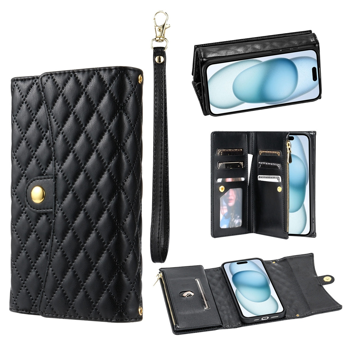 ELECTROPRIME For iPhone 15 Zipper Multi-Card Wallet Rhombic Leather Phone Case(Black)