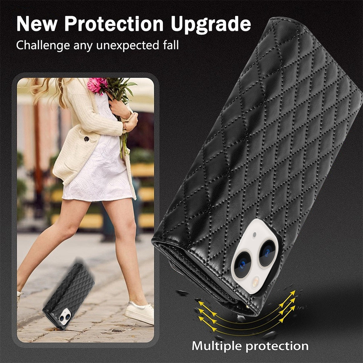 ELECTROPRIME For iPhone 15 Zipper Multi-Card Wallet Rhombic Leather Phone Case(Black)