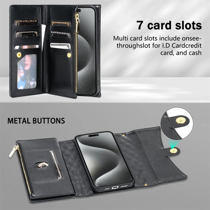 ELECTROPRIME For iPhone 15 Zipper Multi-Card Wallet Rhombic Leather Phone Case(Black)