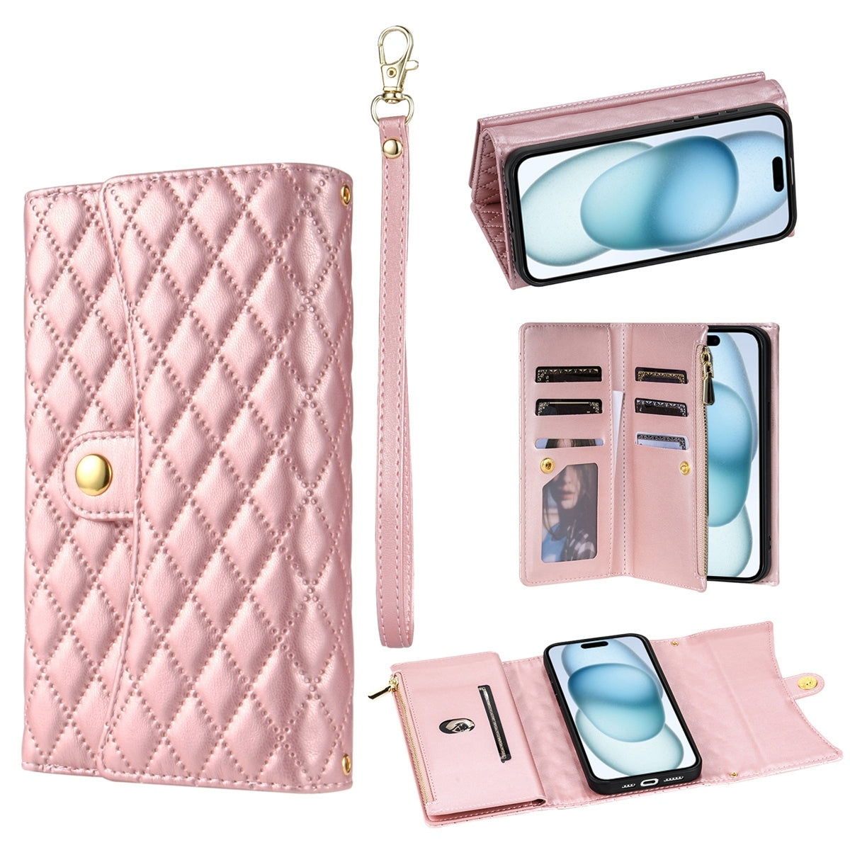 ELECTROPRIME For iPhone 15 Zipper Multi-Card Wallet Rhombic Leather Phone Case(Rose Gold)