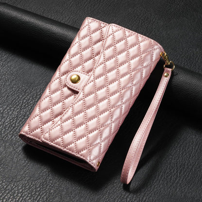 ELECTROPRIME For iPhone 15 Zipper Multi-Card Wallet Rhombic Leather Phone Case(Rose Gold)
