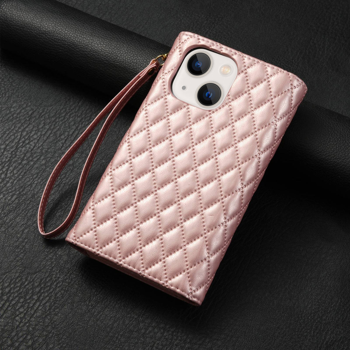 ELECTROPRIME For iPhone 15 Zipper Multi-Card Wallet Rhombic Leather Phone Case(Rose Gold)