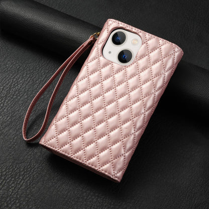 ELECTROPRIME For iPhone 15 Zipper Multi-Card Wallet Rhombic Leather Phone Case(Rose Gold)