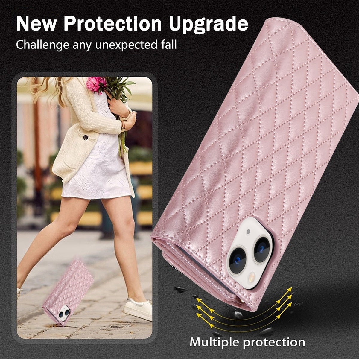 ELECTROPRIME For iPhone 15 Zipper Multi-Card Wallet Rhombic Leather Phone Case(Rose Gold)