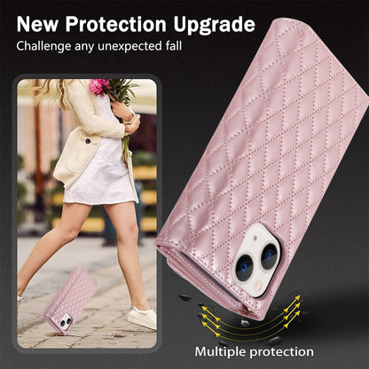 ELECTROPRIME For iPhone 15 Zipper Multi-Card Wallet Rhombic Leather Phone Case(Rose Gold)
